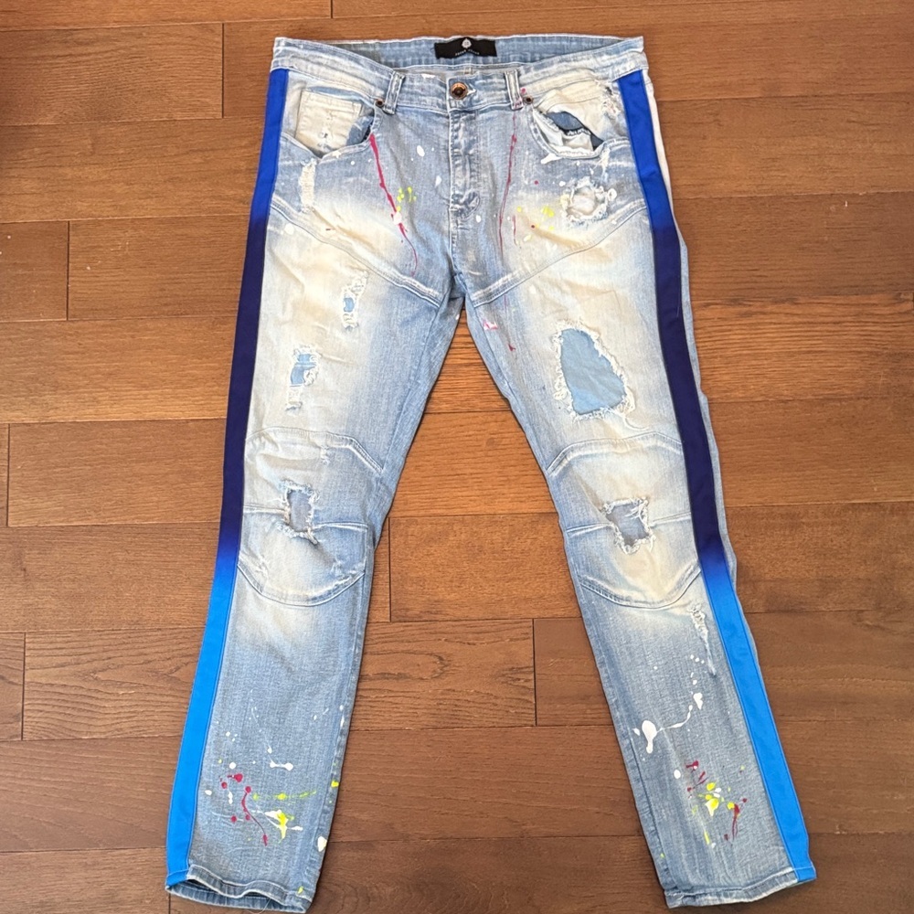 Slim Straight Light Blue Distressed Jeans with Blue Side Stripes (Size: 36x32)
